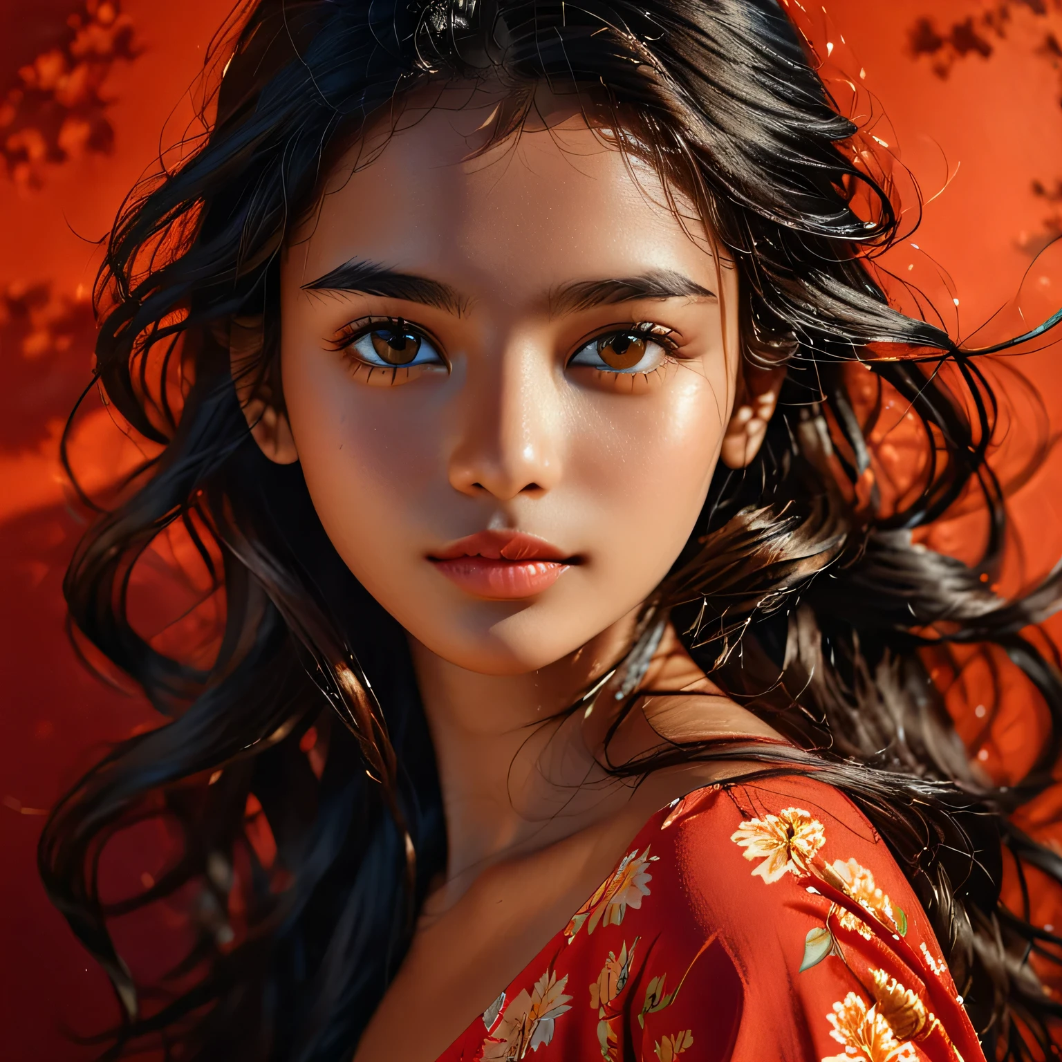 uma mulher de 20 anos,cabelo longo,Escuro theme,tons suaves,cores suaves,Alto contraste,(textura natural da pele, hiperrealismo, luz suave, afiado),fundo vermelho,Escuro,mulher do Sri Lanka