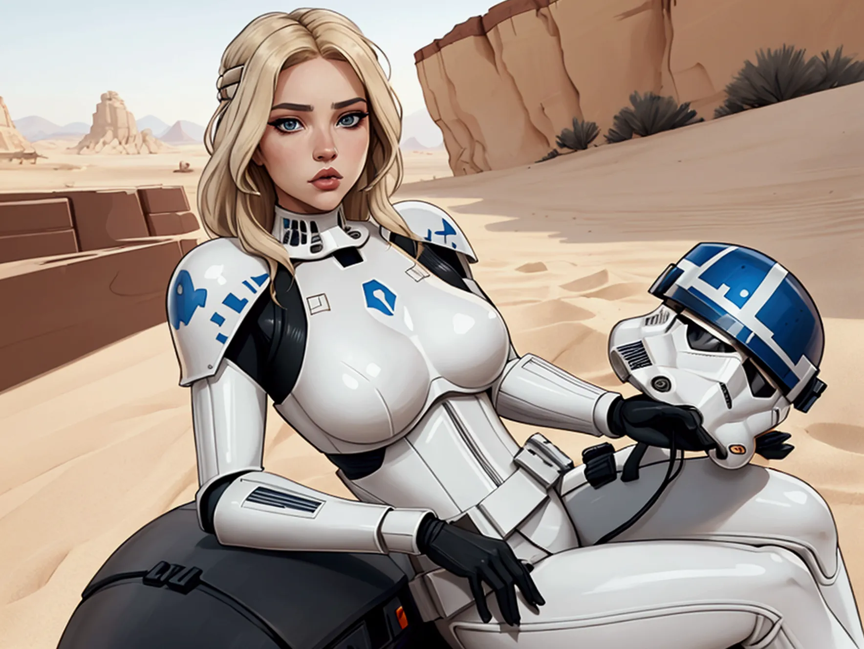 accamary4, accamary4, average shot of a blonde woman, hazel eyes, imperial stormtrooper against the backdrop of the desert., bas...