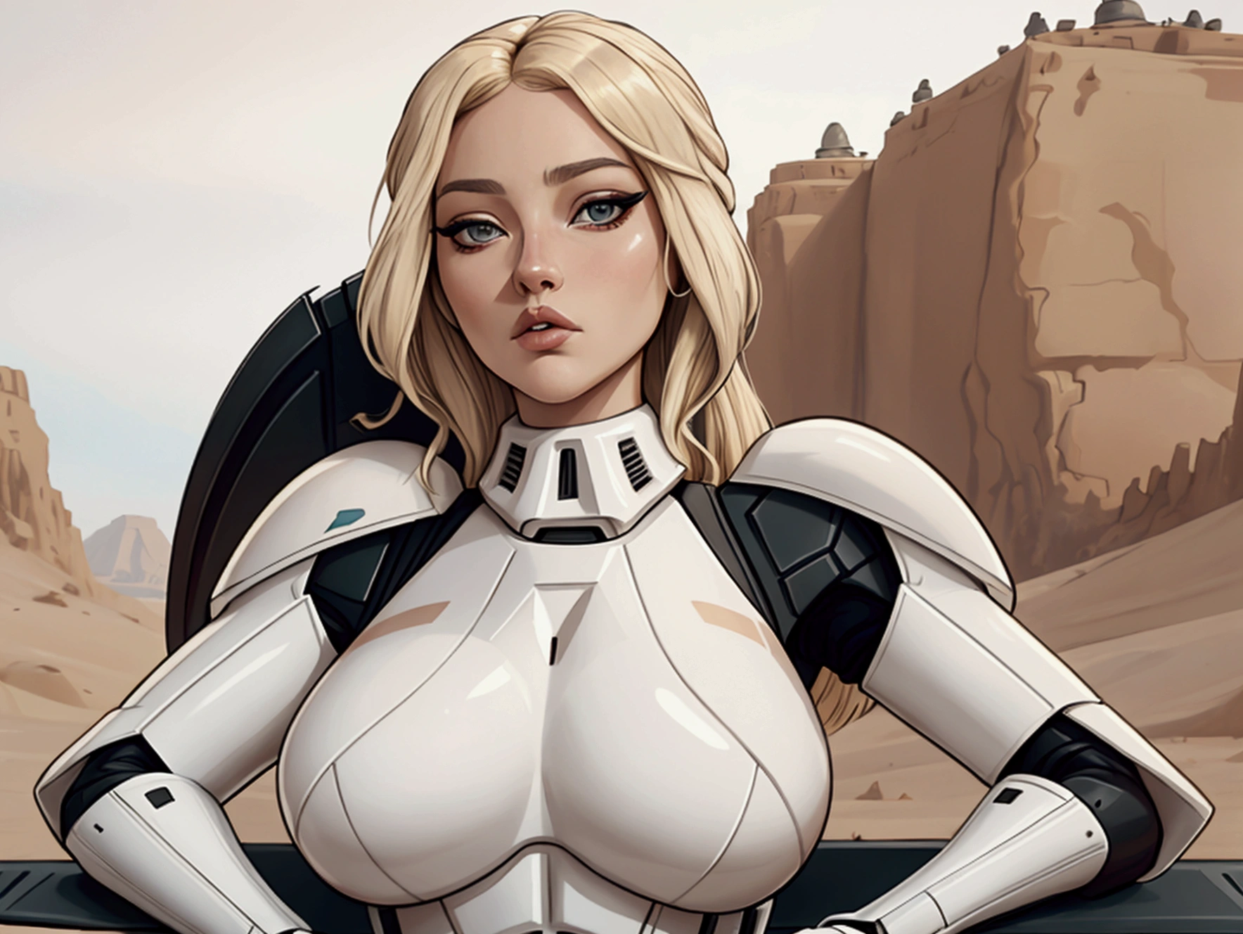 Accamary4, Accamary4, Average shot of a blonde woman, hazel eyes, imperial stormtrooper against the backdrop of the desert., Based on concept art by Magalie Villeneuve., Trends in CG society, AB """""star Wars"""": The old Republic", influenced by the conceptual art of Ralph McQuarrie. The stormtrooper has a strong and confident expression on his face., emphasizing detailed facial features, like beautiful detailed eyes, lABios detallados, and extremely detailed eyes and face.. She is dressed in the traditional white armor of a stormtrooper.., with an elegant and futuristic design.. Combining illustration elements, 3D rendering, and photography, The result is a visually impressive and immersive piece... Colors and lighting are bright and dynamic., Improve the overall atmosphere of the artwork.. Image quality is paramount, with the best quality, 4K or 8K resolution, High resolution, and a masterpiece:1.2, making it a true masterpiece in terms of quality and detail..