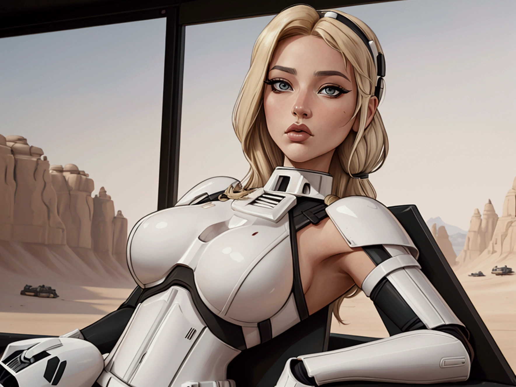 Accamary4, Accamary4, Average shot of a blonde woman, hazel eyes, imperial stormtrooper against the backdrop of the desert., Based on concept art by Magalie Villeneuve., Trends in CG society, AB """""star Wars"""": The old Republic", influenced by the conceptual art of Ralph McQuarrie. The stormtrooper has a strong and confident expression on his face., emphasizing detailed facial features, like beautiful detailed eyes, lABios detallados, and extremely detailed eyes and face.. She is dressed in the traditional white armor of a stormtrooper.., with an elegant and futuristic design.. Combining illustration elements, 3D rendering, and photography, The result is a visually impressive and immersive piece... Colors and lighting are bright and dynamic., Improve the overall atmosphere of the artwork.. Image quality is paramount, with the best quality, 4K or 8K resolution, High resolution, and a masterpiece:1.2, making it a true masterpiece in terms of quality and detail..