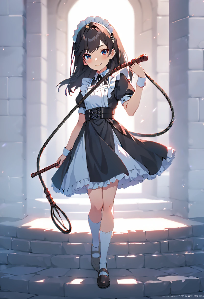 (((Pixel Perfect,Perfect in every detail))), smile,NSWF,lovely，Long leather whip，Long whip!!!!!，cinematic，holding a whip in your hand，Full body portrait，A whip，8k, 15 year old teen,Maid clothes