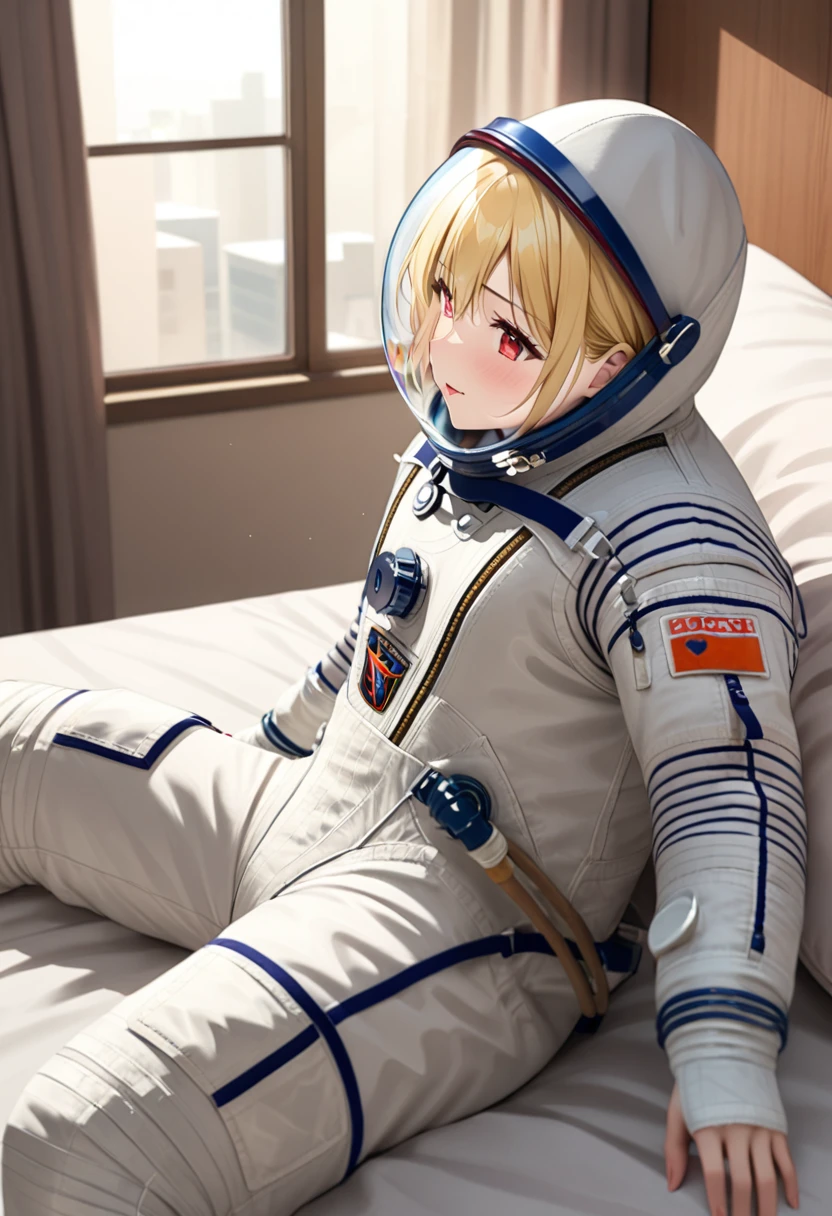 (spacesuit:1.15), white cargo pants, astronaut)bubble helmet, space helmet masturbation, fingering, looking at the audience, lying , indoors, in bed, bed, masterpiece, best quality, 1girl, solo, red eyes, tits, {{{messy hair:1.6}}}, bangs, yellow hair, spread legs, sitting, , short hair,  ,(heart sayings:1.2) (from side:1.7)