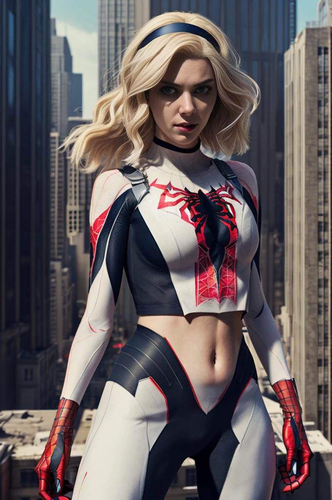 (Highly quality, masterpiece, detailed), city detailed scenario, city detailed background, solo, gwen, spider gwen, blonde hair, multi colored hair, short hair, hairband, 1woman, crop top, spider symbol, gloves, navel, on top of a building, perfect face, beautiful eyes, look at the viewer, Sexy pose