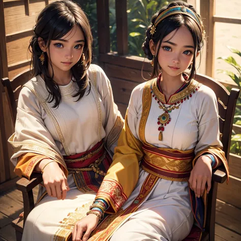 a young girl, 13 years old, sun-kissed skin, wearing a vibrant traditional ethnic costume with intricate embroidery, sitting on ...