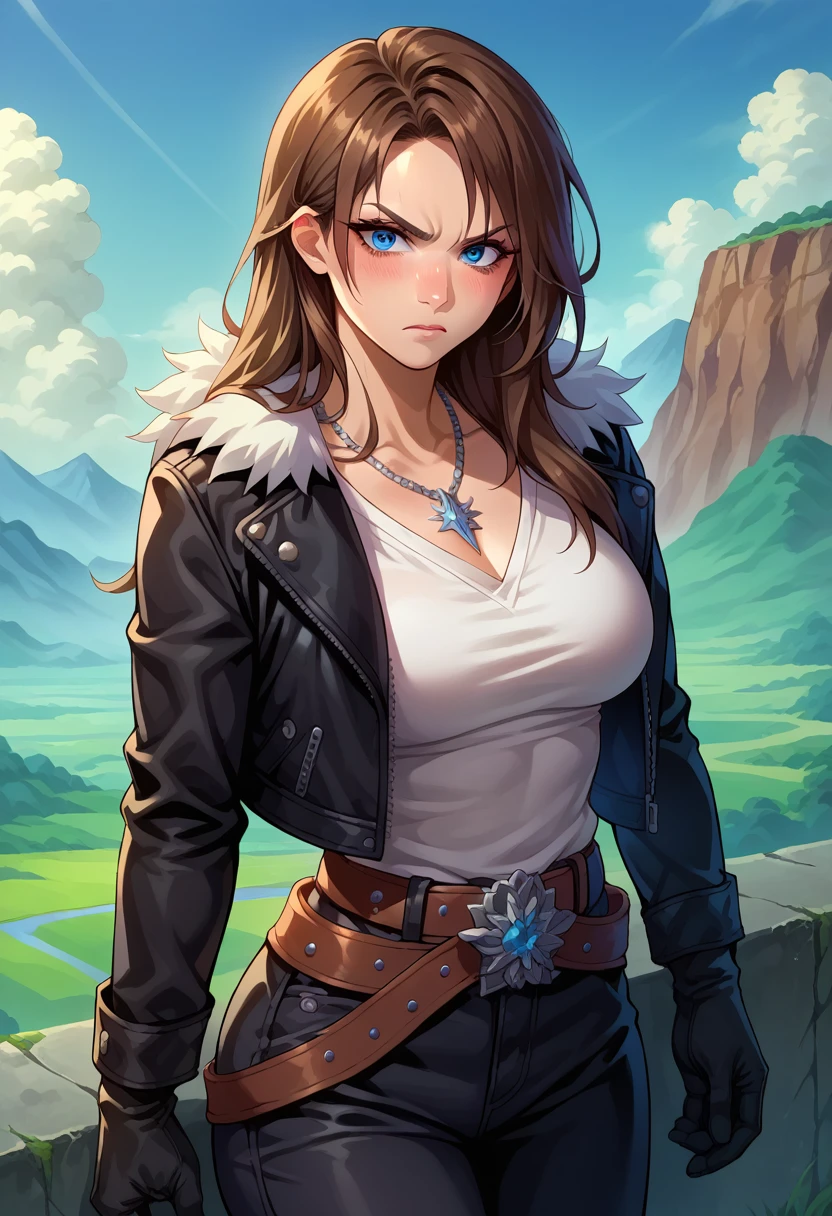 score_9, score_8_up, score_7_up, 1girl, solo, (female:1.5),female focus, female body, squall, necklace, brown hair, long hair, gloves, white shirt, blue eyes, shirt, black gloves, jacket, black jacket, fur trim jacket, black pants, belt,breasts, scar, diagonal scar, scar on face, parted bangs, angry, blushing, hand under clothes, fingering, looking down, standing, landscape,