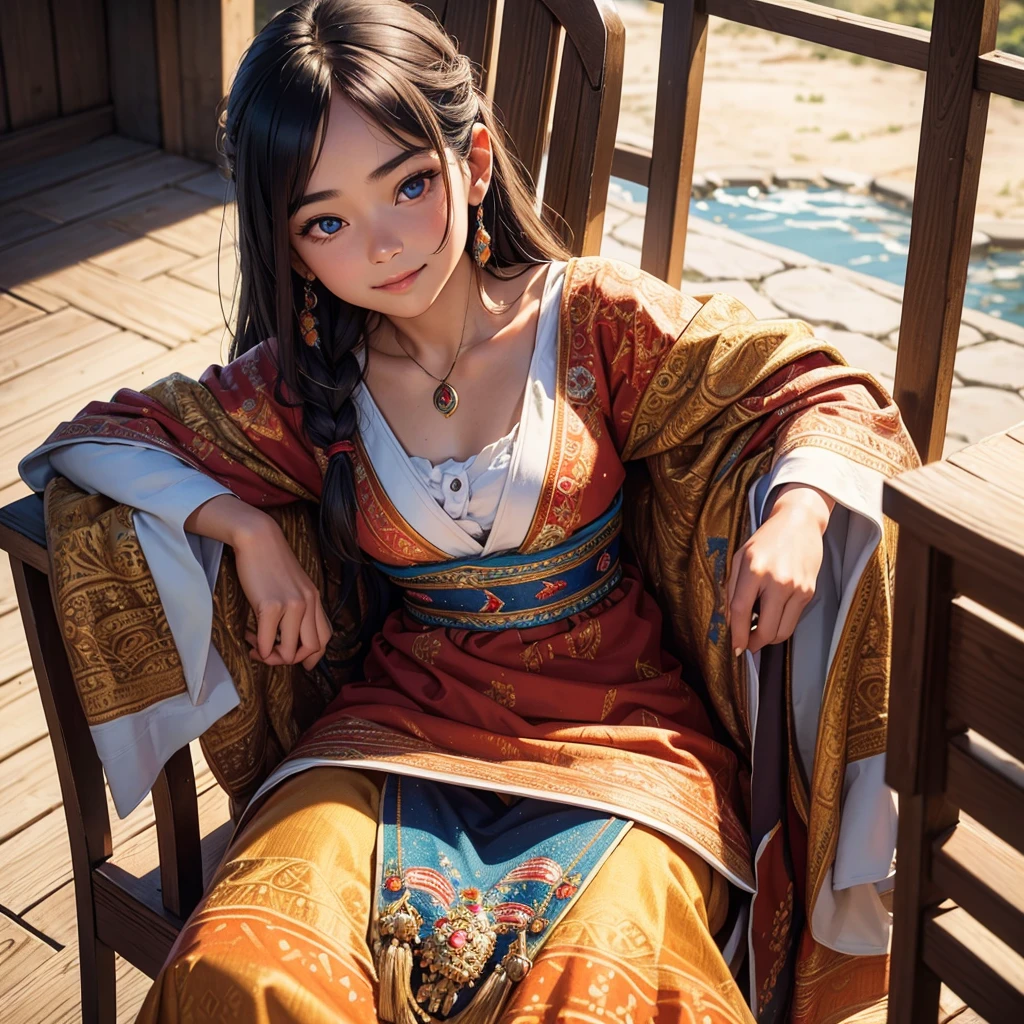 1girl,a young girl, 13 years old, sun-kissed skin, wearing a vibrant traditional ethnic costume with intricate embroidery, sitting on an old wooden chair, smiling, (best quality,4k,8k,highres,masterpiece:1.2),ultra-detailed,(realistic,photorealistic,photo-realistic:1.37),portrait,detailed face,beautiful detailed eyes,beautiful detailed lips,extremely detailed eyes and face,longeyelashes,warm lighting,vibrant colors,soft focus,detailed clothing,traditional culture