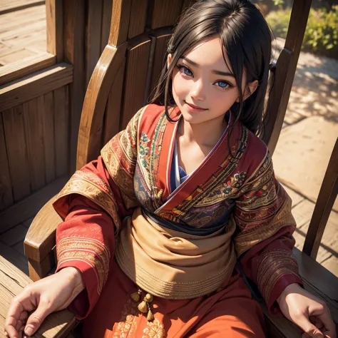 1girl,a young girl, 13 years old, sun-kissed skin, wearing a vibrant traditional ethnic costume with intricate embroidery, sitti...