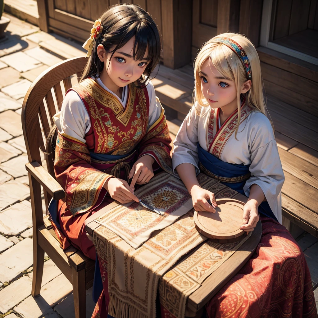 1girl,a young girl, 13 years old, sun-kissed skin, wearing a vibrant traditional ethnic costume with intricate embroidery, sitting on an old wooden chair, smiling, (best quality,4k,8k,highres,masterpiece:1.2),ultra-detailed,(realistic,photorealistic,photo-realistic:1.37),portrait,detailed face,beautiful detailed eyes,beautiful detailed lips,extremely detailed eyes and face,longeyelashes,warm lighting,vibrant colors,soft focus,detailed clothing,traditional culture