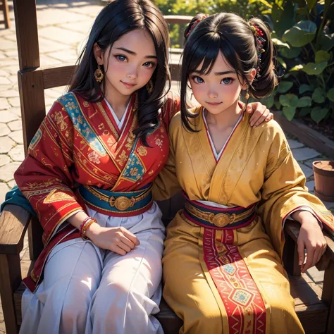 1girl, 13 year old girl, sun-kissed skin, vibrant traditional ethnic costume with intricate embroidery, sitting on old wooden ch...