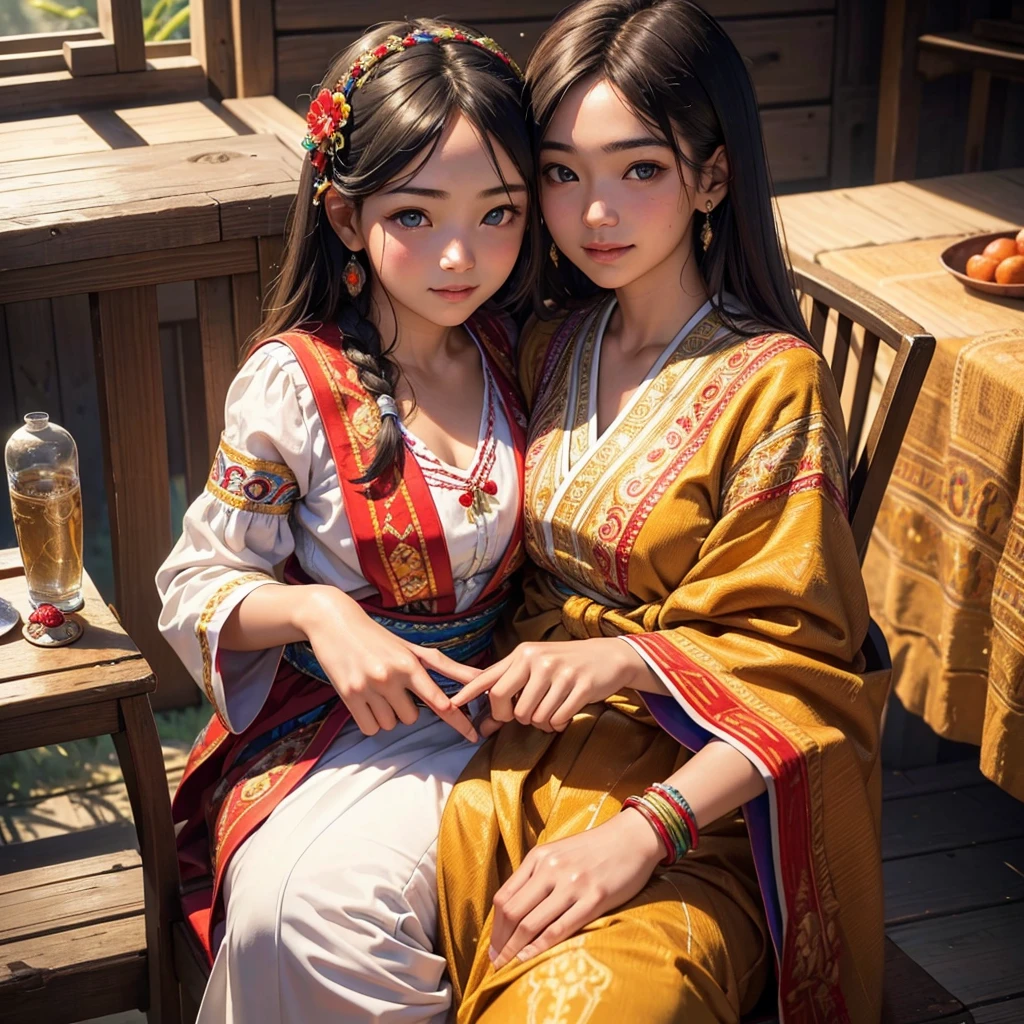 (1girl), 13 year old girl, sun-kissed skin, vibrant traditional ethnic costume with intricate embroidery, sitting on old wooden chair, embroidering, smiling, (best quality,4k,8k,highres,masterpiece:1.2),ultra-detailed,(realistic,photorealistic,photo-realistic:1.37),portrait,detailed face,beautiful detailed eyes,beautiful detailed lips,extremely detailed eyes and face,longeyelashes,warm lighting,vibrant colors,soft focus,detailed clothing,traditional culture