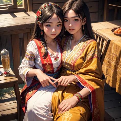 (1girl), 13 year old girl, sun-kissed skin, vibrant traditional ethnic costume with intricate embroidery, sitting on old wooden ...