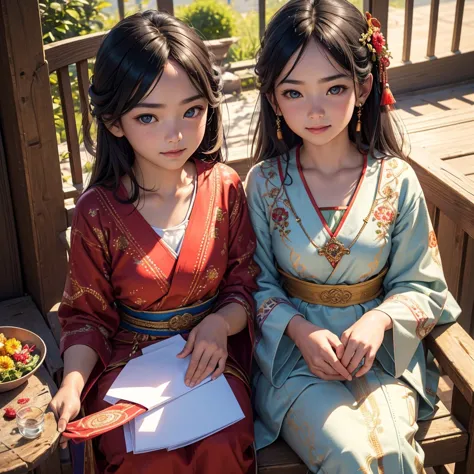 (1girl), 13 year old, sun-kissed skin, vibrant traditional ethnic costume with intricate embroidery, sitting on old wooden chair...