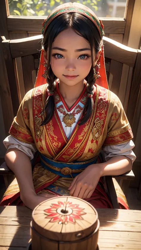 (1girl), 13 year old, sun-kissed skin, vibrant traditional ethnic costume with intricate embroidery, sitting on old wooden chair...