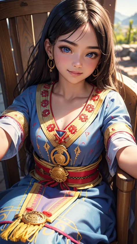 (1girl), 13 year old, sun-kissed skin, vibrant traditional ethnic costume with intricate embroidery, sitting on old wooden chair...