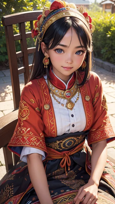 (1girl), 13 year old, sun-kissed skin, vibrant traditional ethnic costume with intricate embroidery, sitting on old wooden chair...