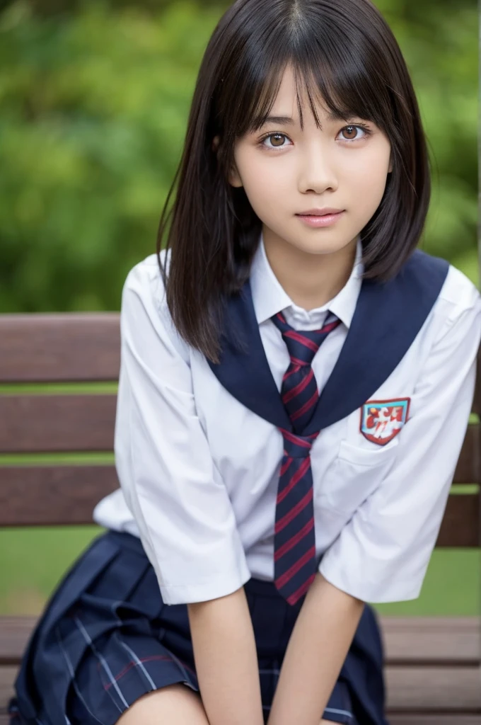 One Girl, (beautiful girl, Delicate girl:1.3), (14 years old:1.3),
break, (School Uniform Costumes:1.3),
break, (Sitting on a bench:1.2),
break, Very beautiful eyes, (Symmetrical eyes:1.3),
break, Small breasts, Brown eyes, Parted bangs, Brown Hair, (Upper teeth, The best smile:0.2),
break, (Eye and facial details:1.0),
break, (masterpiece, Highest quality, Very detailed, Detailed face, 8k)