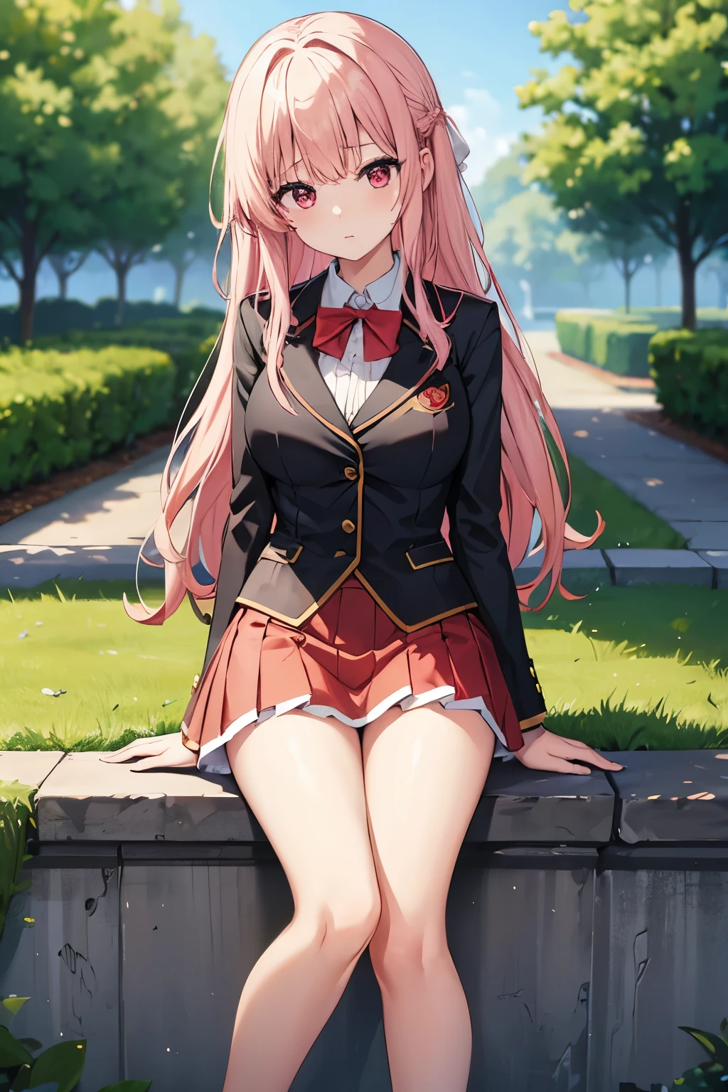 (masterpiece:1.2, Highest quality),(Anime Style),Showing from knees to head,
girl,Blood red eyes,Tree Eyes,Cold-hearted,Very light pink hair,Bangs,Cropped bangs,Curly Hair,Perm,Black ribbon accessories,
Quite large breasts,
Black Mini Skirt,金色の縁取りのRed blazer,(Red blazer)