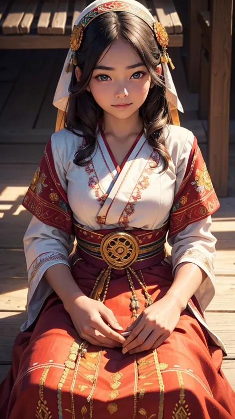 (1girl), 14 year old, sun-kissed skin, vibrant traditional ethnic costume with intricate embroidery, sitting on old wooden chair...