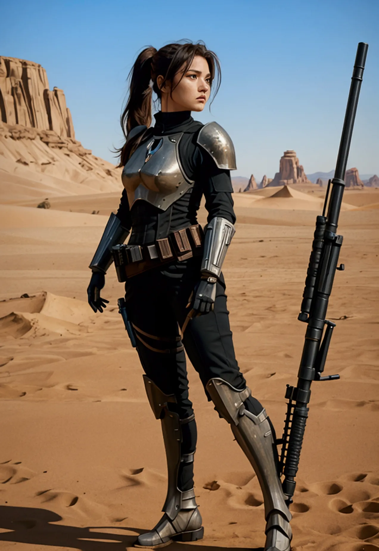 realistic 8k image of a 30 year old woman, by rubio, hairstyle in a tight ponytail, dressed in a black mandalorian rpg warrior f...