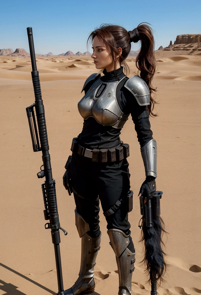 realistic 8k image of a 30 year old woman, by rubio, hairstyle in a tight ponytail, dressed in a black Mandalorian RPG warrior full body armor, standing in the middle of the desert with a sniper rifle pointed at her face, shoot the target outside the frame, hyper-detailed face, full body profile photo, Expression of focus, realistic star wars art style