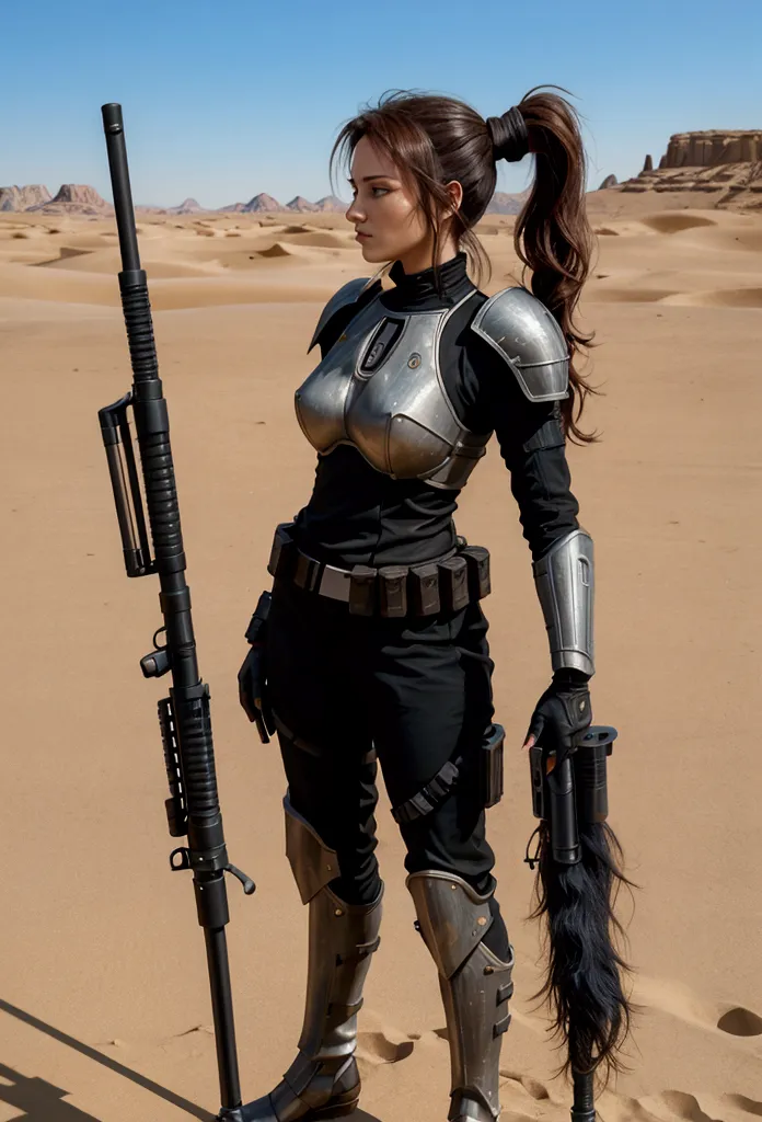 realistic 8k image of a 30 year old woman, by rubio, hairstyle in a tight ponytail, dressed in a black mandalorian rpg warrior f...