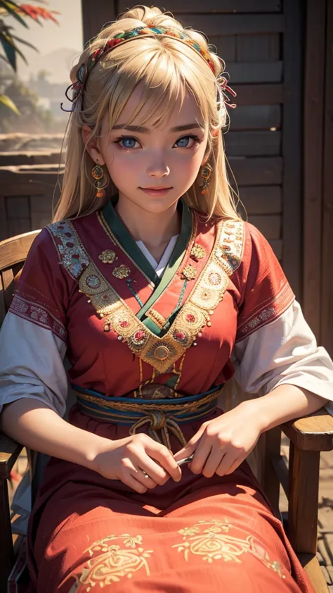 (1girl), 15 year old, sun-kissed skin, vibrant traditional ethnic costume with intricate embroidery, sitting on old wooden chair...