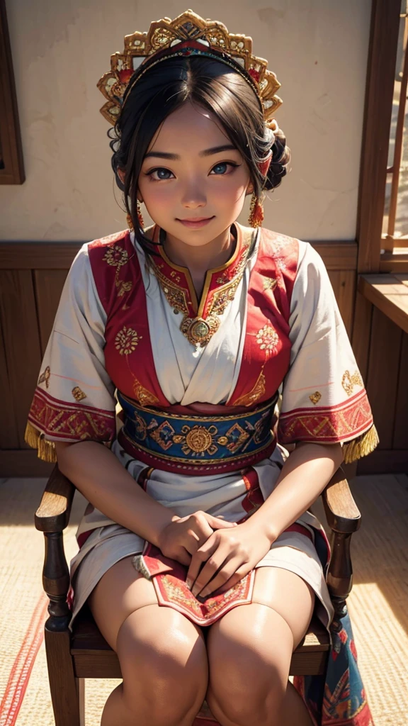 (1 Mädchen), , sonnengebräunte Haut, lebendige traditionelle ethnische Tracht mit aufwendigen Stickereien, auf einem alten Holzstuhl sitzen, Sticken, lächelnd, (beste Qualität,4k,8k,highres,Meisterwerk:1.2),ultra-detailliert,(realistisch,photorealistisch,photo-realistisch:1.37),Porträt,Detailliertes Gesicht,Schöne, detaillierte Augen,schöne detaillierte Lippen,extrem detaillierte Augen und Gesicht,lange Wimpern,warmes Licht,leuchtende Farben,Weicher Fokus,Detaillierte Kleidung,traditionelle Kultur