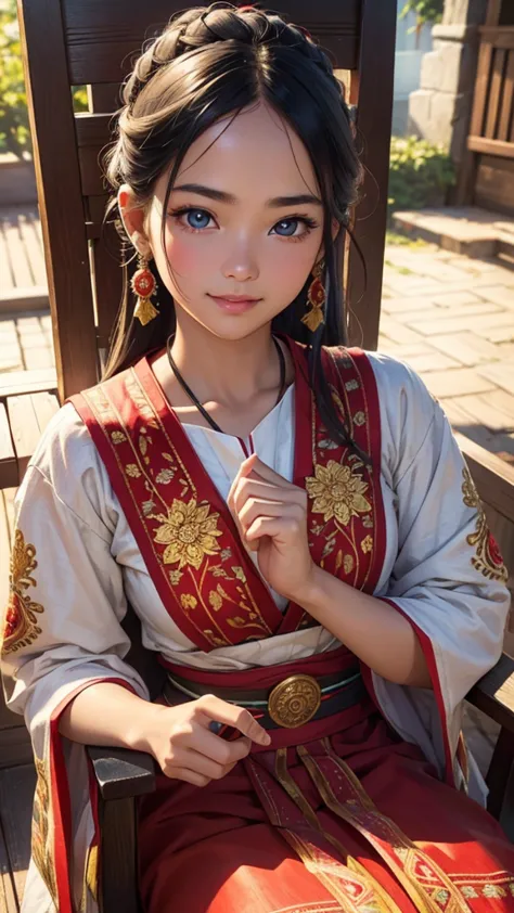 (1girl), 18 year old, sun-kissed skin, vibrant traditional ethnic costume with intricate embroidery, sitting on old wooden chair...