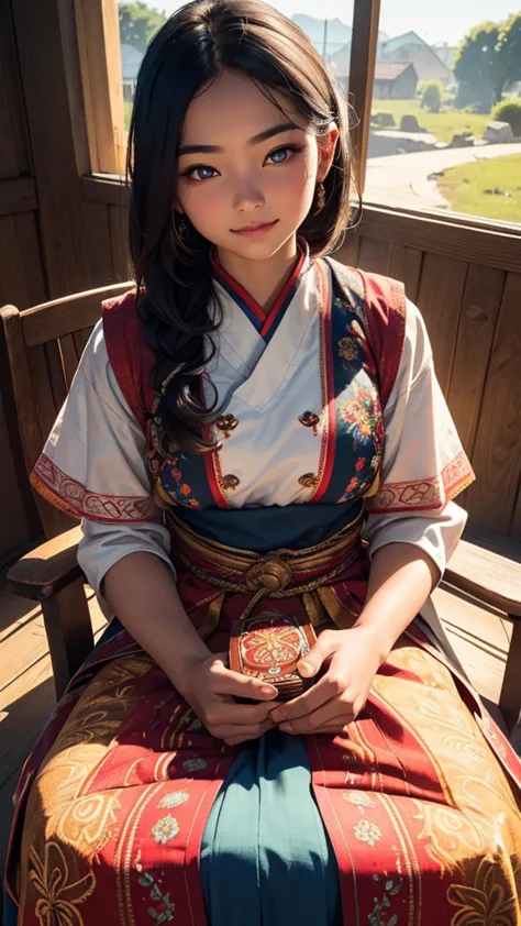 (1girl), 18 year old, sun-kissed skin, vibrant traditional ethnic costume with intricate embroidery, sitting on old wooden chair...