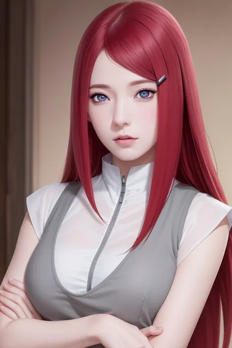 {-error_of_anatomy:1.0} kushina, kushina, wide, big breast, hair ornament, red hair, red head, hair clip, (grey eyes:1.5), ofsnu...