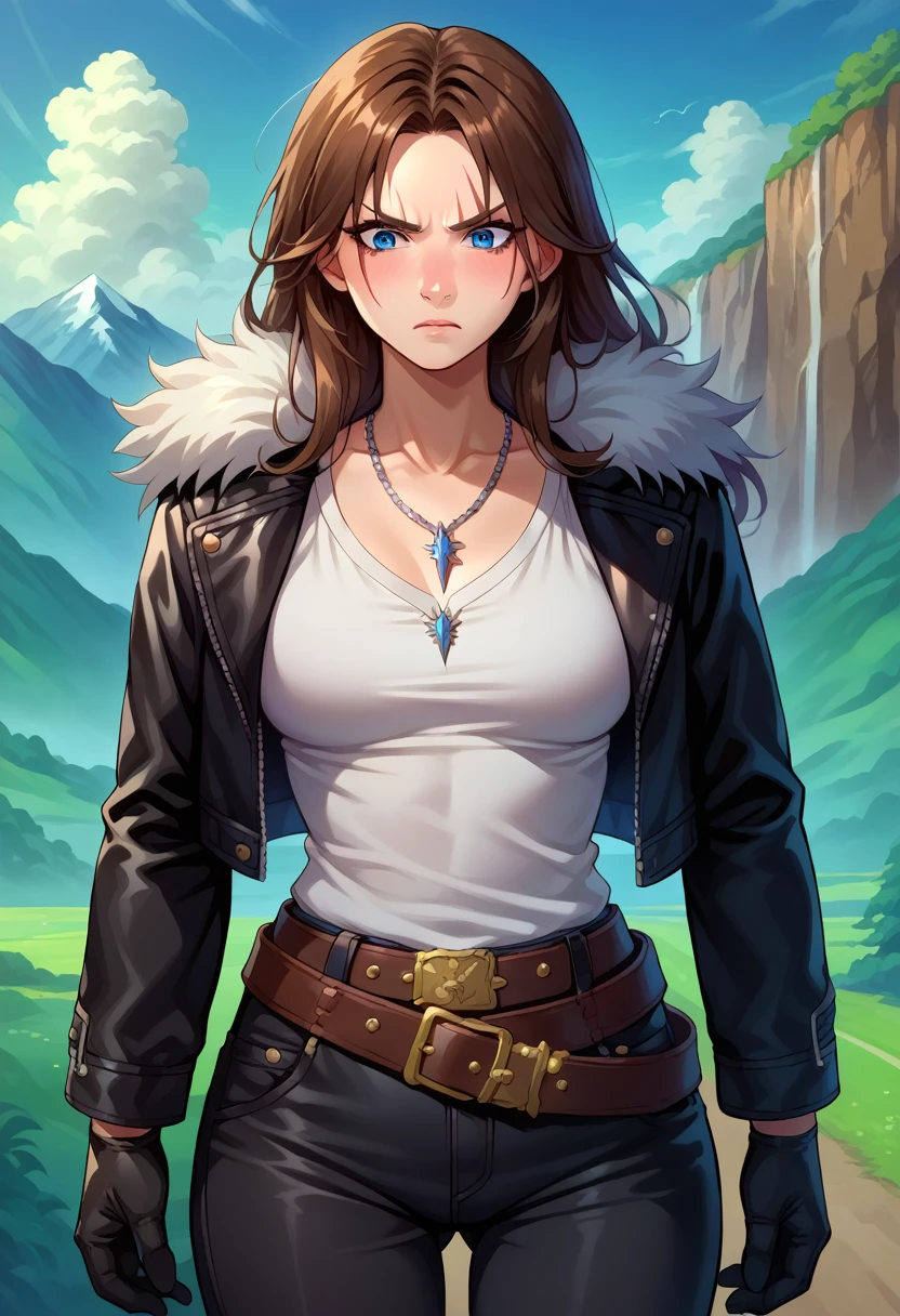 score_9, score_8_up, score_7_up, 1girl, solo, (female:1.5),female focus, female body, squall, necklace, brown hair, long hair, gloves, white shirt, blue eyes, shirt, black gloves, jacket, black jacket, fur trim jacket, black pants, belt,breasts, scar, diagonal scar, scar on face, parted bangs, angry, blushing, hand under clothes, fingering, looking down, standing, landscape,