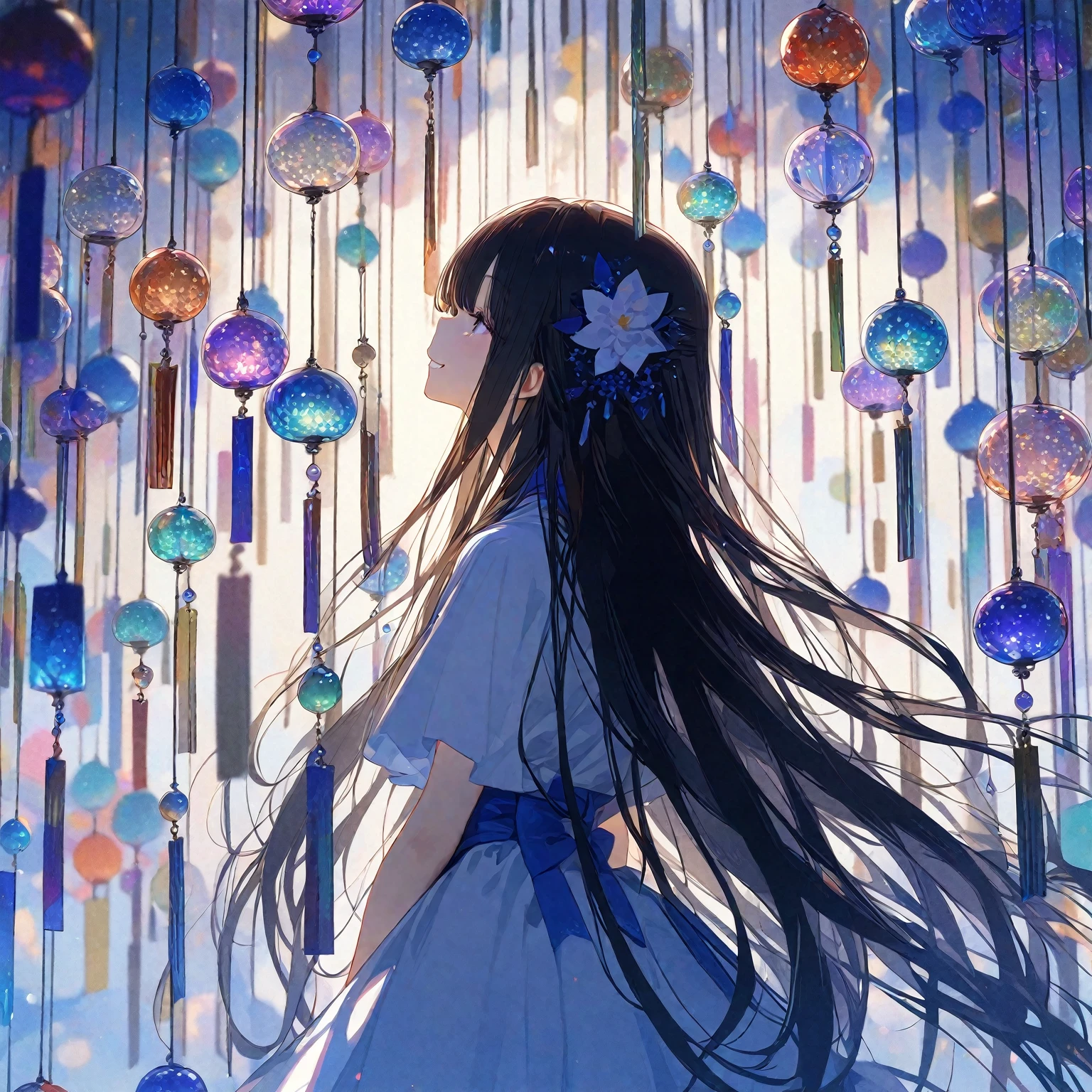 1girl, 独奏, 17yo, cute, pretty, beautiful, black long straight hair, arranged bangs, White dress, Colorful glass wind chime, smiling, look up,masterpiece, best quality, super-fine illustration, official art, 8k,