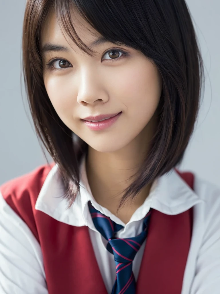 1 girl, (White shirt and red tie, Wearing a navy blue jacket:1.2), Very beautiful Japanese idol portraits, 
(RAW Photos, Highest quality), (Realistic, Realistic:1.4), (masterpiece), 
Very delicate and beautiful, Very detailed, 2k wallpaper, wonderful, finely, Very detailed CG Unity 8K 壁紙, Very detailed, High resolution, Soft Light, 
Beautiful detailed girl, Very detailed目と顔, Beautiful and sophisticated nose, finelyて美しい目, Cinema Lighting, 
(Simple light color background:1.3),
(short hair), (bangs), 
Complete Anatomy, Slender body, Small breasts, smile