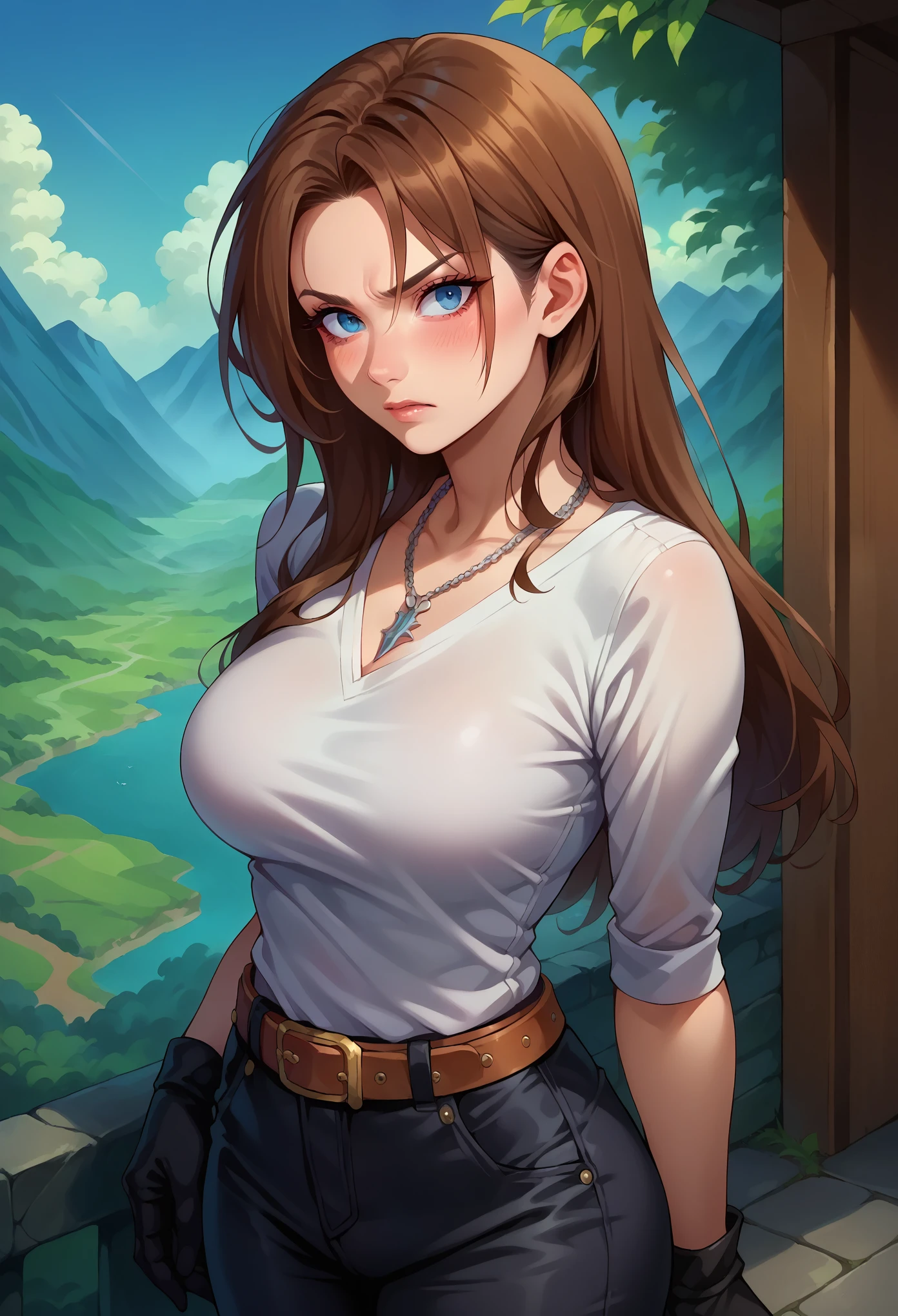 score_9, score_8_up, score_7_up, 1girl, solo, (female:1.5),female focus, female body, squall, necklace, brown hair, long hair, gloves, white shirt, blue eyes, shirt, black gloves,black pants, belt,breasts, scar, diagonal scar, scar on face, parted bangs, angry, blushing,standing, landscape,