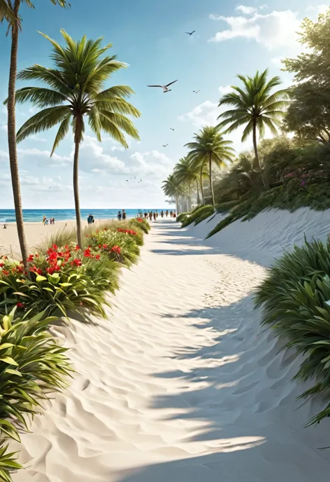 "visualize an interpretation of a beach promenade. integrate realistic colors and sharp angles, to convey a feeling of movement ...