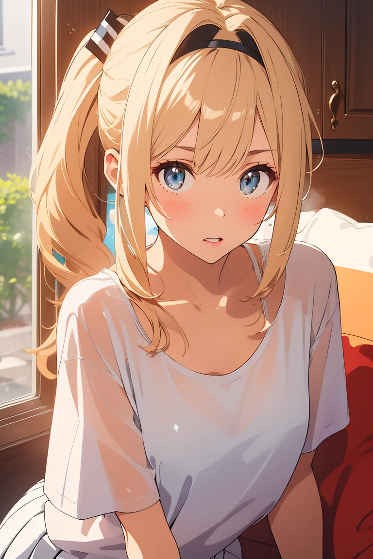 visual anime of a cute girl, Best Anime Girls, Naughty anime style, Captivating woman, big ,Two blonde tails,Detailed eyes and face,Detailed lips,Beautiful attention to detail,White visor cap included,White mini skirt,She wears a white t-shirt,She is wearing a low-neck short-sleeve T-shirt and a black bra.。.., Playing golf in a seductive pose.
