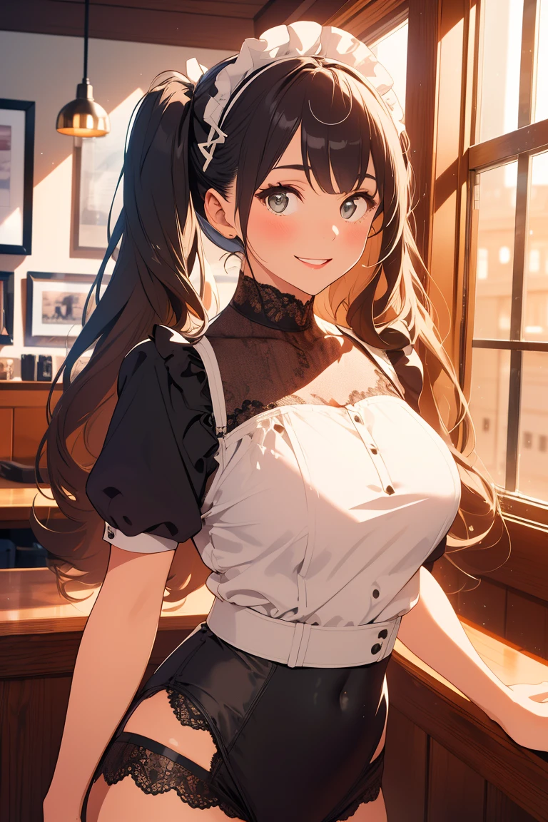 (high quality, 8k, 4K, High Contrast, masterpiece:1.2, 最high quality, Best aesthetics), beauty, Maid, Very detailed, Seductive and erotic girl with lace headdress, smile, (Big Breasts, Black Hair, Twin tails), Focus on the face, Focus on the face, Complex eyes, tights, 40デニールの黒tights, coffee shop, Low angle shot, Viewers looking up,