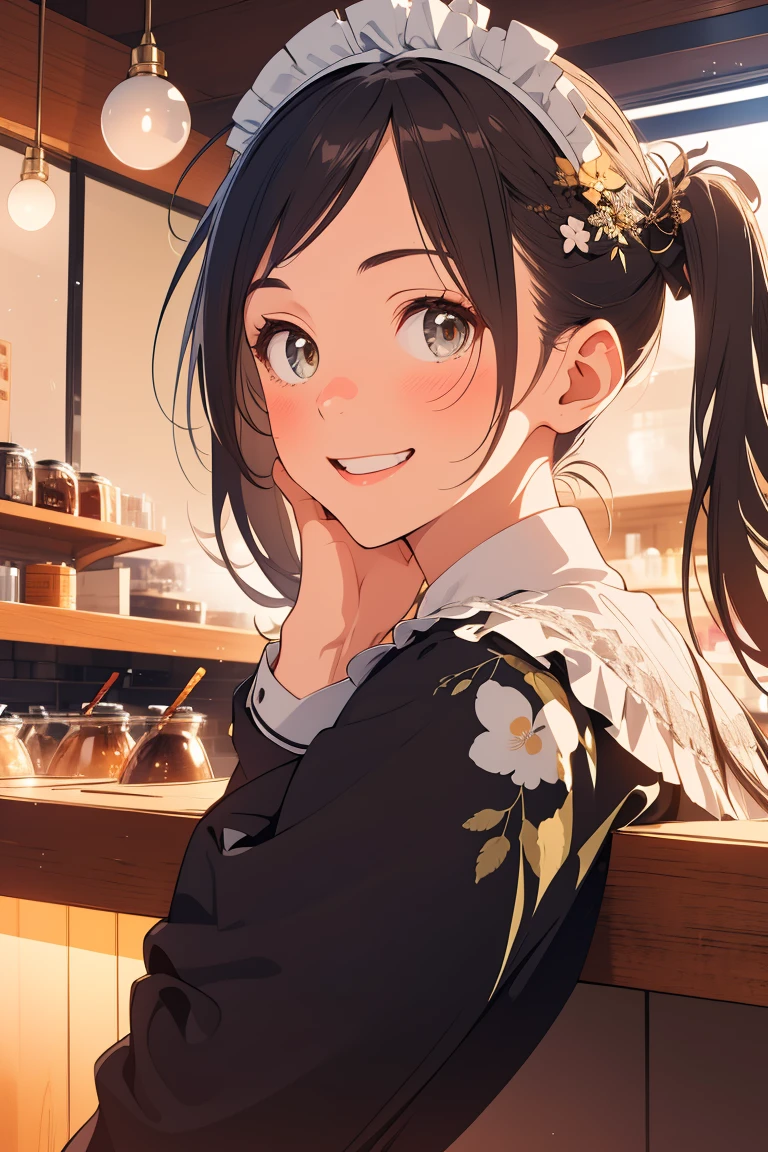 (high quality, 8k, 4K, High Contrast, masterpiece:1.2, 最high quality, Best aesthetics), beauty, Maid, Very detailed, Seductive and erotic girl with lace headdress, smile, (Big Breasts, Black Hair, Twin tails), Focus on the face, Focus on the face, Complex eyes, tights, 40デニールの黒tights, coffee shop, Low angle shot, Viewers looking up,