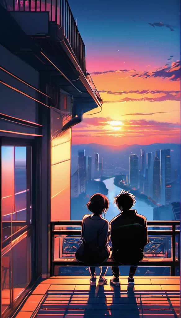 anime couple sitting on a balcony watching the sunset, watching the sun set. anime, lofi artstyle, anime background art, anime style cityscape, beautiful anime scene, lofi art, in style of makoto shinkai, 4 k manga wallpaper, makoto shinkai cyril rolando, hd anime cityscape, ilya kuvshinov landscape, 4k anime wallpaper