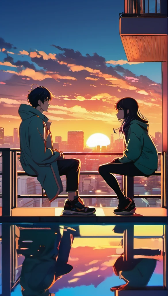 anime couple sitting on a balcony watching the sunset, watching the sun set. anime, lofi artstyle, anime background art, anime style cityscape, beautiful anime scene, lofi art, in style of makoto shinkai, 4 k manga wallpaper, makoto shinkai cyril rolando, hd anime cityscape, ilya kuvshinov landscape, 4k anime wallpaper