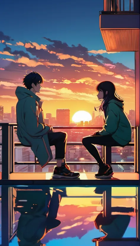 anime couple sitting on a balcony watching the sunset, watching the sun set. anime, lofi artstyle, anime background art, anime s...