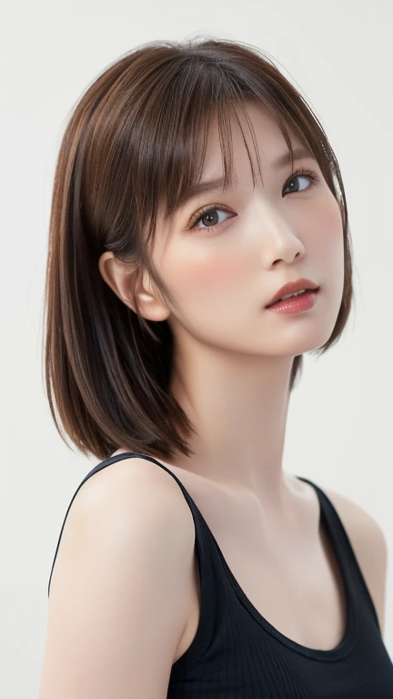 (Highest quality、8k、32K、masterpiece)、(Realistic)、(Realistic:1.2)、(High resolution)、Very detailed、Very beautiful face and eyes、1 girl、Round and small face、Tight waist、Delicate body、(close、Highest quality、Attention to detail、Rich skin detail)、(Highest quality、8k、Oil paints:1.2)、Very detailed、(Realistic、Realistic:1.37)、Bright colors、(((blush)))、(((I am brunette)))、(((Figure from the waist up)))、((short hair、ponytail))、(((Pure white wall background)))、(((She is wearing a white tank top)))、jeans、(((Pure white wall background)))、(((It is a short-sleeved T-shirt)))、