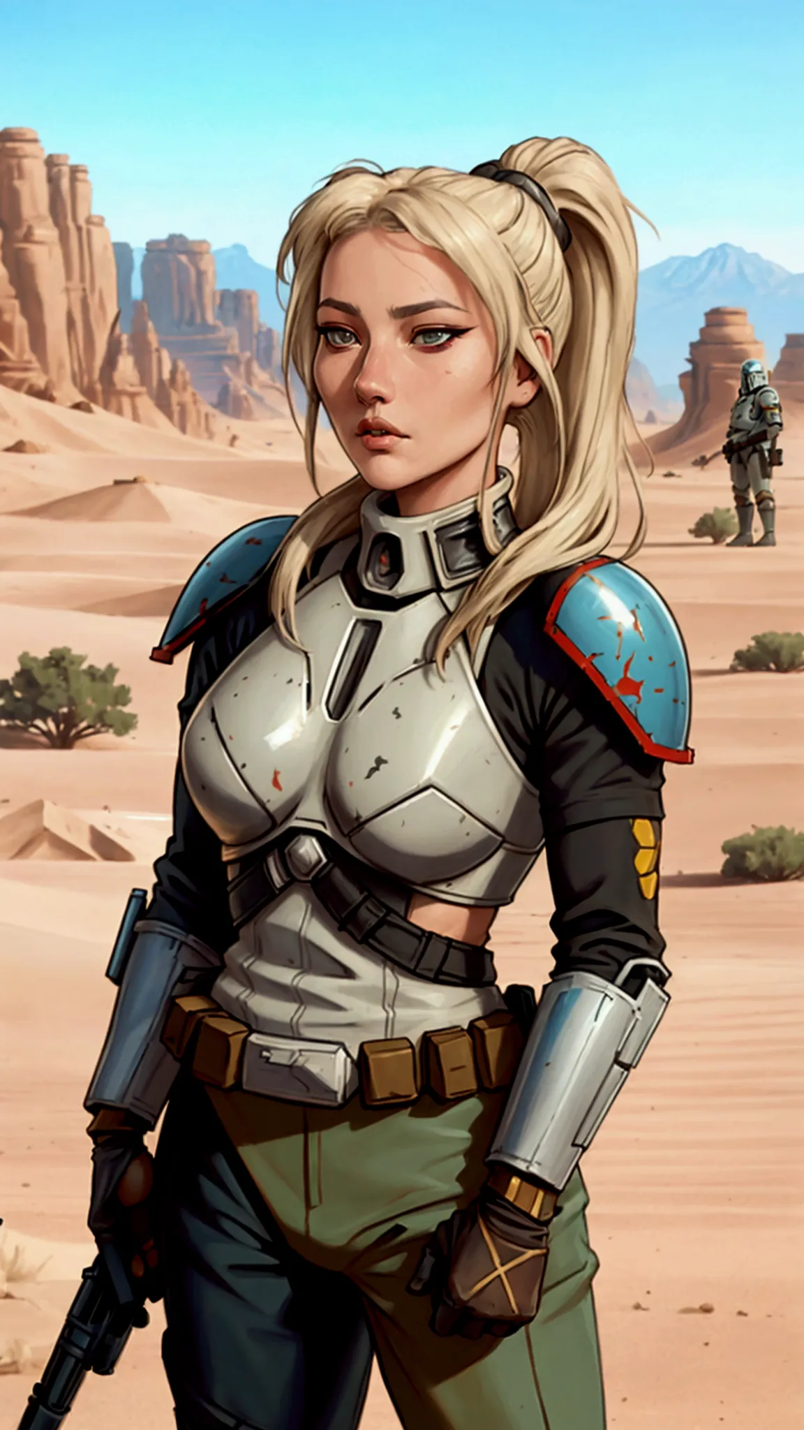 realistic 8k image by accamary4, almost white blonde hair , hairstyle in a tight ponytail, dressed in boba fett armor, standing ...