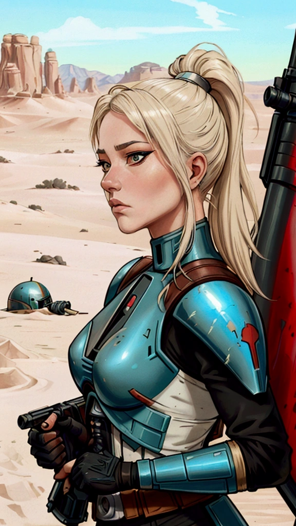 realistic 8k image by accamary4, Almost white blonde hair , hairstyle in a tight ponytail, dressed in Boba Fett armor, standing in the middle of the desert with a sniper rifle, hyper-detailed face, Profile picture, focus on his face, looking to the side, face that has lived through many battles, Expression of focus, realistic star wars art style, She is a Mandalorian with a lot of experience, His experience is reflected in his armor, his helmet is lying on the ground