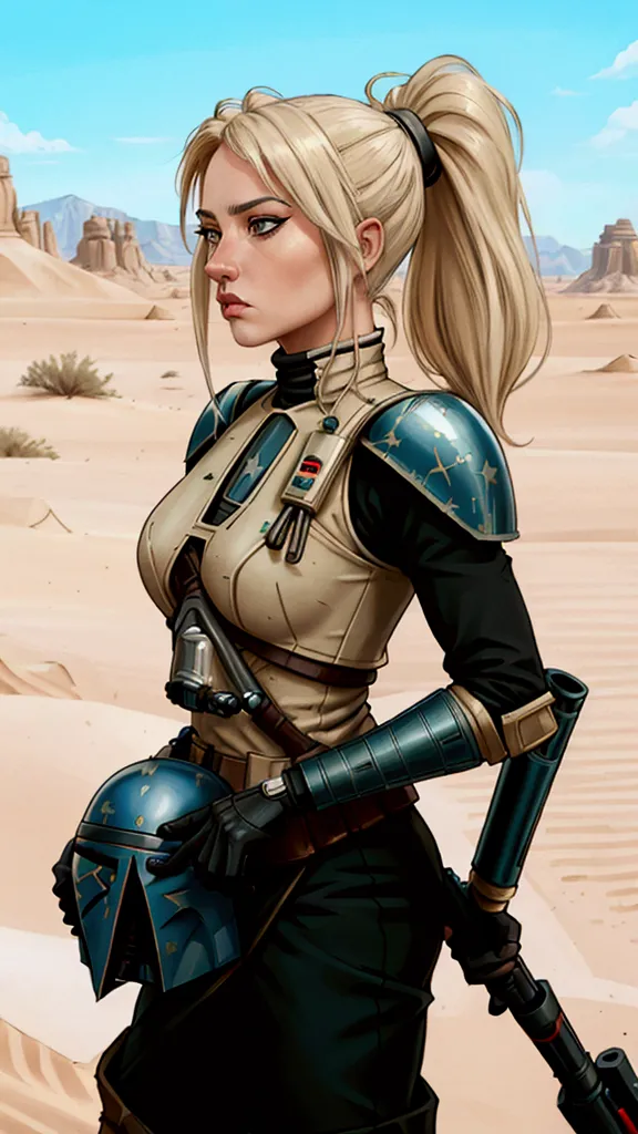 realistic 8k image by accamary4, almost white blonde hair , hairstyle in a tight ponytail, dressed in boba fett armor, standing ...