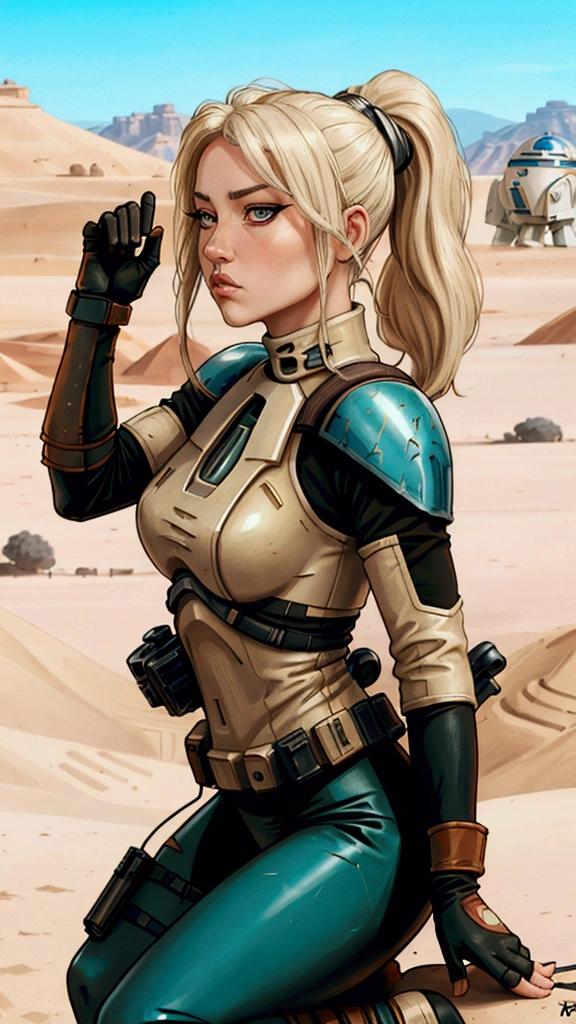 realistic 8k image by accamary4, Almost white blonde hair , hairstyle in a tight ponytail, dressed in Boba Fett armor, standing in the middle of the desert with a sniper rifle, hyper-detailed face, Profile picture, focus on his face, looking to the side, face that has lived through many battles, Expression of focus, realistic star wars art style, She is a Mandalorian with a lot of experience, His experience is reflected in his armor, his helmet is lying on the ground