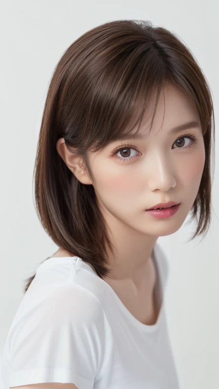 (Highest quality、8k、32K、masterpiece)、(Realistic)、(Realistic:1.2)、(High resolution)、Very detailed、Very beautiful face and eyes、1 girl、Round and small face、Tight waist、Delicate body、(close、Highest quality、Attention to detail、Rich skin detail)、(Highest quality、8k、Oil paints:1.2)、Very detailed、(Realistic、Realistic:1.37)、Bright colors、(((blush)))、(((I am brunette)))、(((From the thigh up)))、((short hair、ponytail))、(((Pure white wall background)))、(((She is wearing a white T-shirt)))、jeans、(((Pure white wall background)))、(((It is a short-sleeved T-shirt)))、