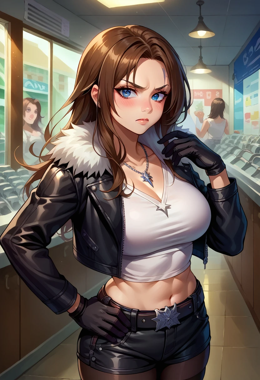 score_9, score_8_up, score_7_up, 1girl, solo, (female:1.5),female focus, female body, squall, necklace, brown hair, long hair, gloves, white crop top, blue eyes, shirt, black gloves, jacket, black jacket, fur trim jacket, black shorts, black thighhighs, belt,breasts, scar, diagonal scar, scar on face, parted bangs, full body, angry, blushing hand to hip, standing, looking at you, facilities