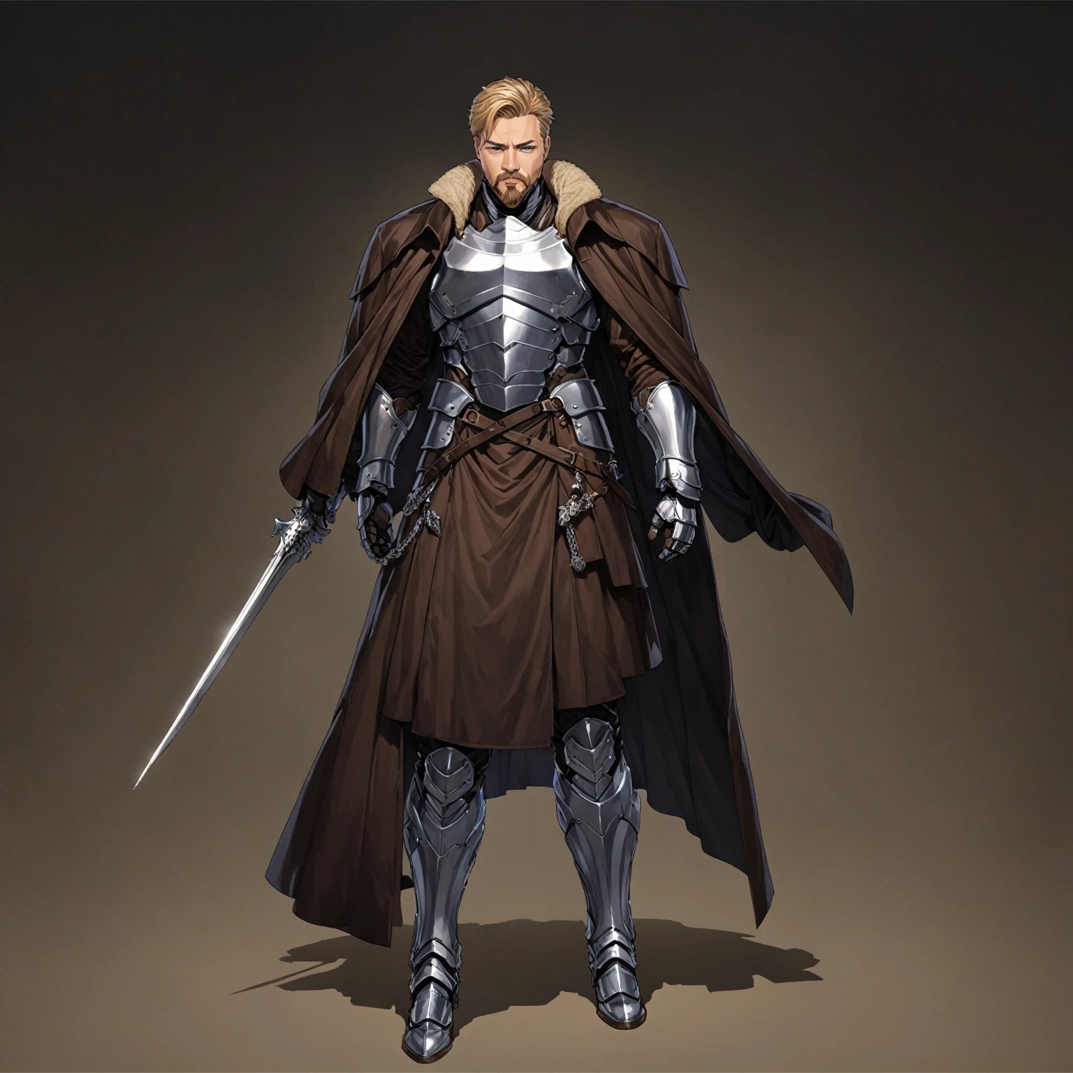 masterpiece, best quality, good quality, Highly detailed, shadowverse style, male, adult, facial hair, age 40s, blue eyes, blonde hair, short hair. armored, fantasy aesthetic, overcoat, adult, silver armored greaves, silver armored gauntlet, bang one side hair, overcoat, brown clothes 