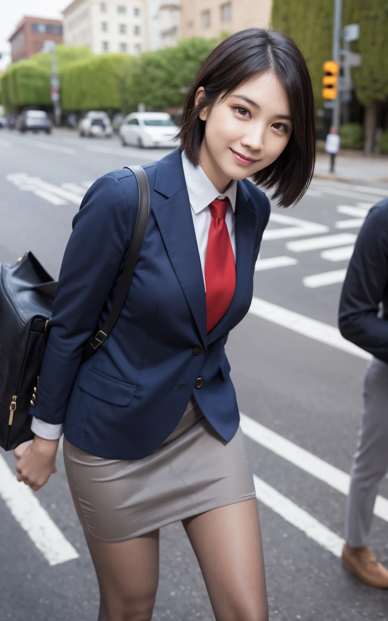 girl, Hyper Realistic, masterpiece, smile, portrait, bobhair, light gray pencil skirt suit, white shirt, red necktie, pantyhose